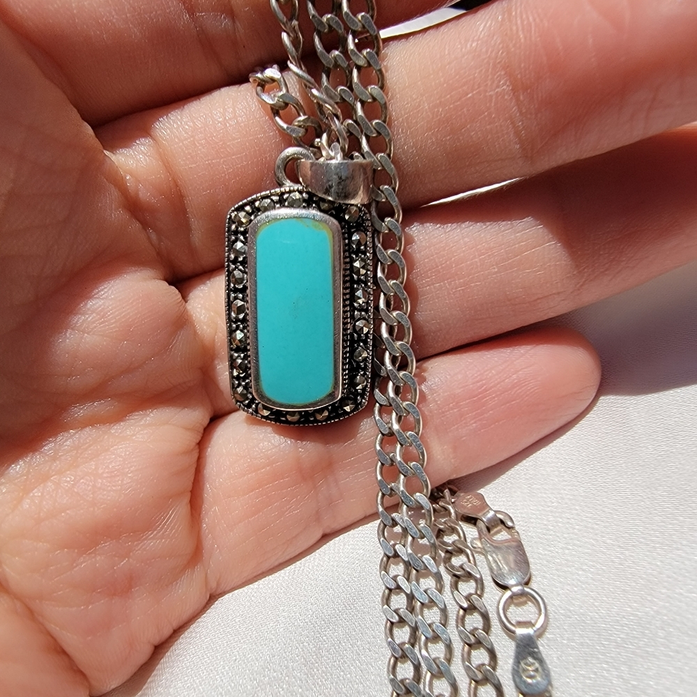 Turquoise Marcasite Sterling Silver Necklace - Picture 1 of 2